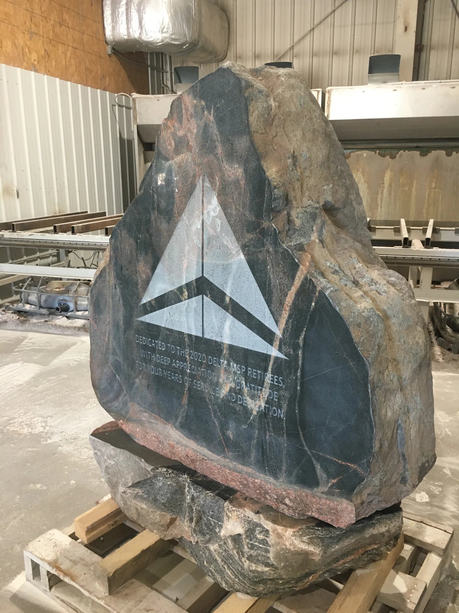 The Delta Rock — Delta Airlines MSP retiree memorial stone photographed in the LetterNstone shop