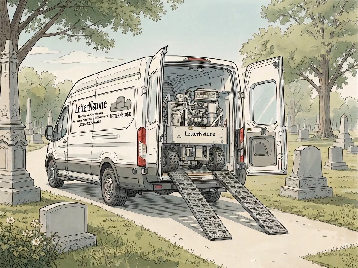 LetterNstone mobile engraving unit — a fully equipped work van with a gator ATV, generator, and sandblasting equipment that can drive directly to any cemetery or memorial site in Minnesota