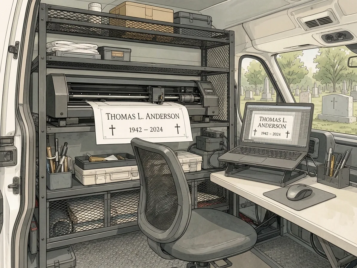 On-site monument design — a computer and vinyl plotter inside the LetterNstone work van used to design and cut custom engraving stencils at the cemetery, perfectly matching existing fonts and lettering styles