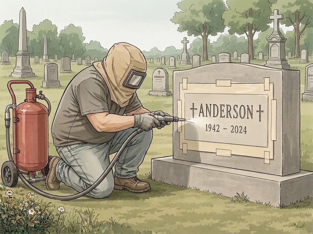 Professional sandblast engraving on a granite headstone at a Minnesota cemetery — LetterNstone engraver adding a death date to an existing monument, perfectly matching the original lettering style