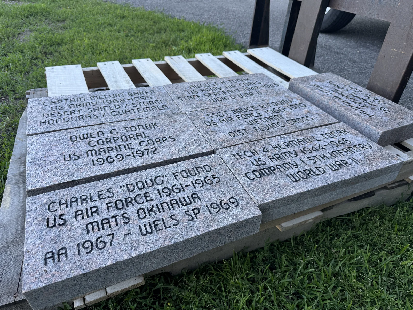 Engraved veteran memorial pavers on pallet by LetterNstone